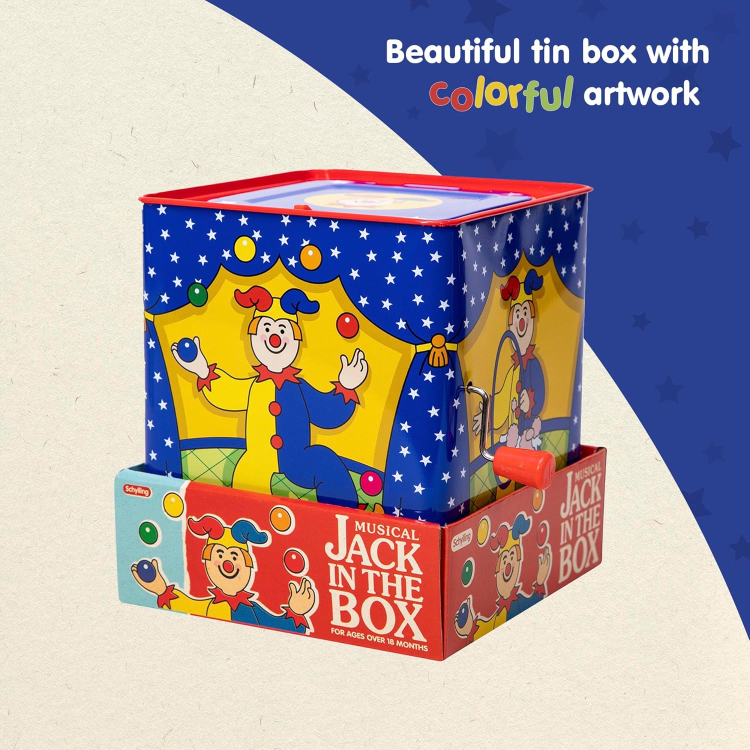 Schylling Jester Jack in the Box - Classic Children's Musical Toy - Colorful and Durable Tin Box with Silly Jester Plush - Age 18 months and Up