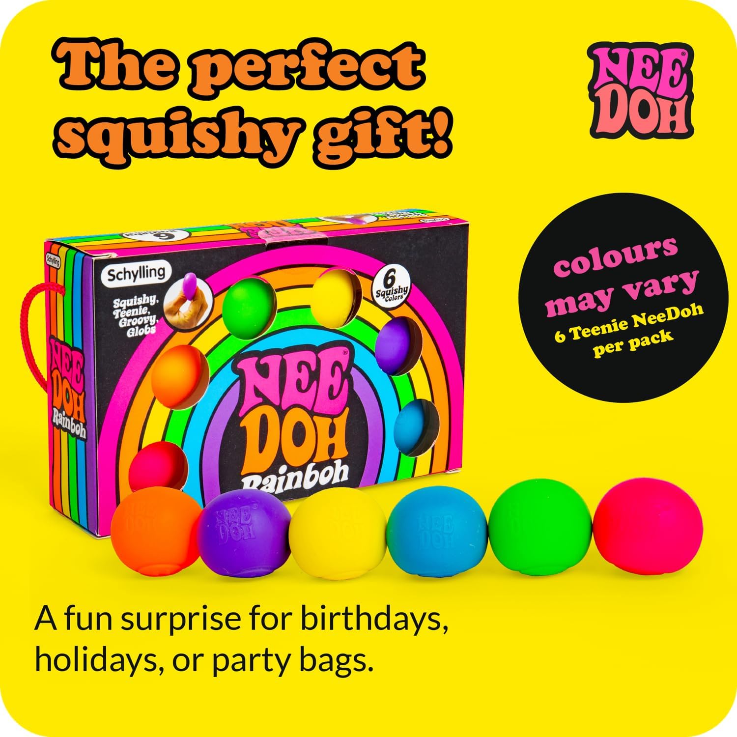 Schylling NeeDoh Rainboh Teenie - Sensory Squeeze Toy - Contains 6 Mini Groovy Globs - 1.5 Wide - Multicolored