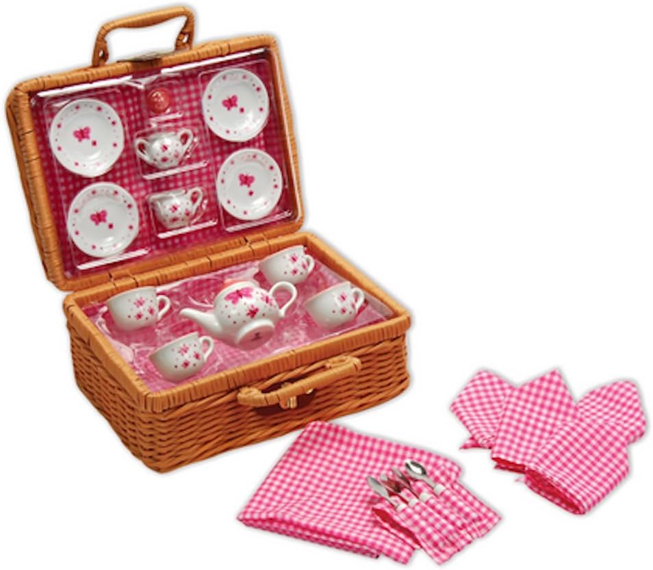 Schylling Butterfly Tea Set Basket - 23 Piece Miniature Porcelain Set with Picnic Basket - Includes Service for Four - Ages 8 and Up