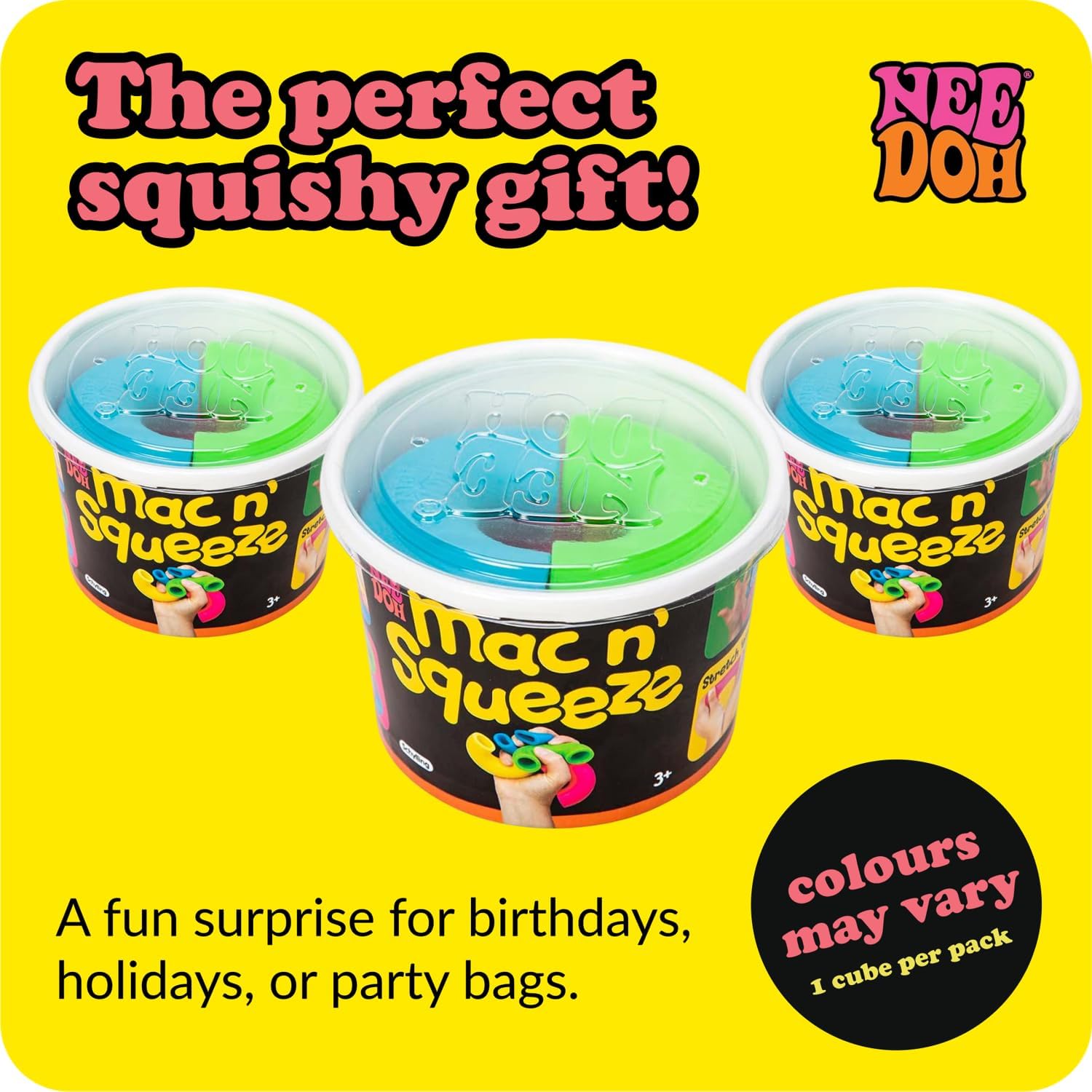 Schylling NeeDoh Mac 'N' Squeeze - Sensory Squeeze Toy - Contains 4 Squishy Noodles - 3 Wide - Color May Vary (Pack of 1)