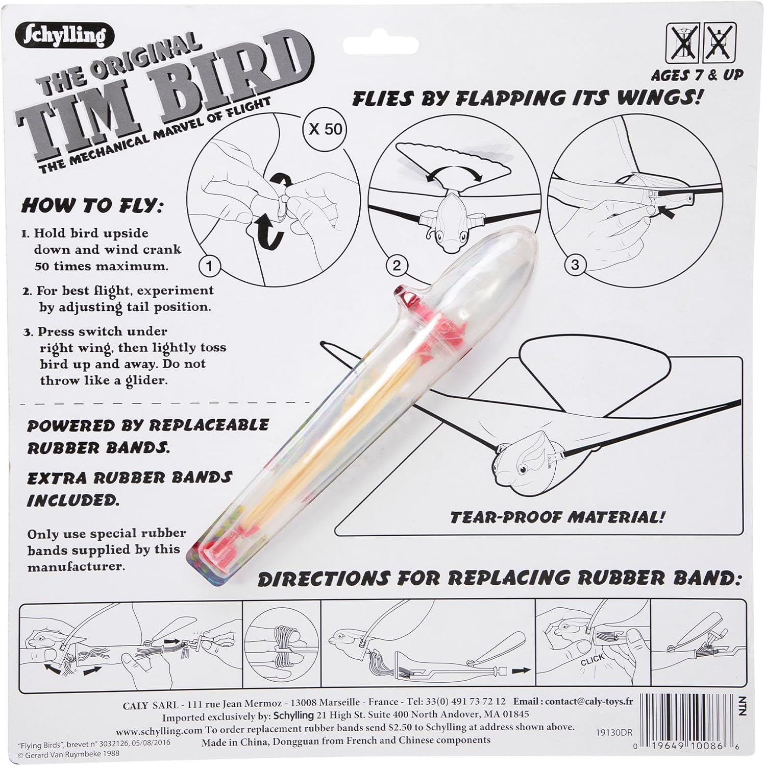 Schylling Tim Bird Flying Toy - Rubberband-Powered Mechanical Bird that Really Flies - Wings Flap and Flies 50 Feet - Ages 7 and Up