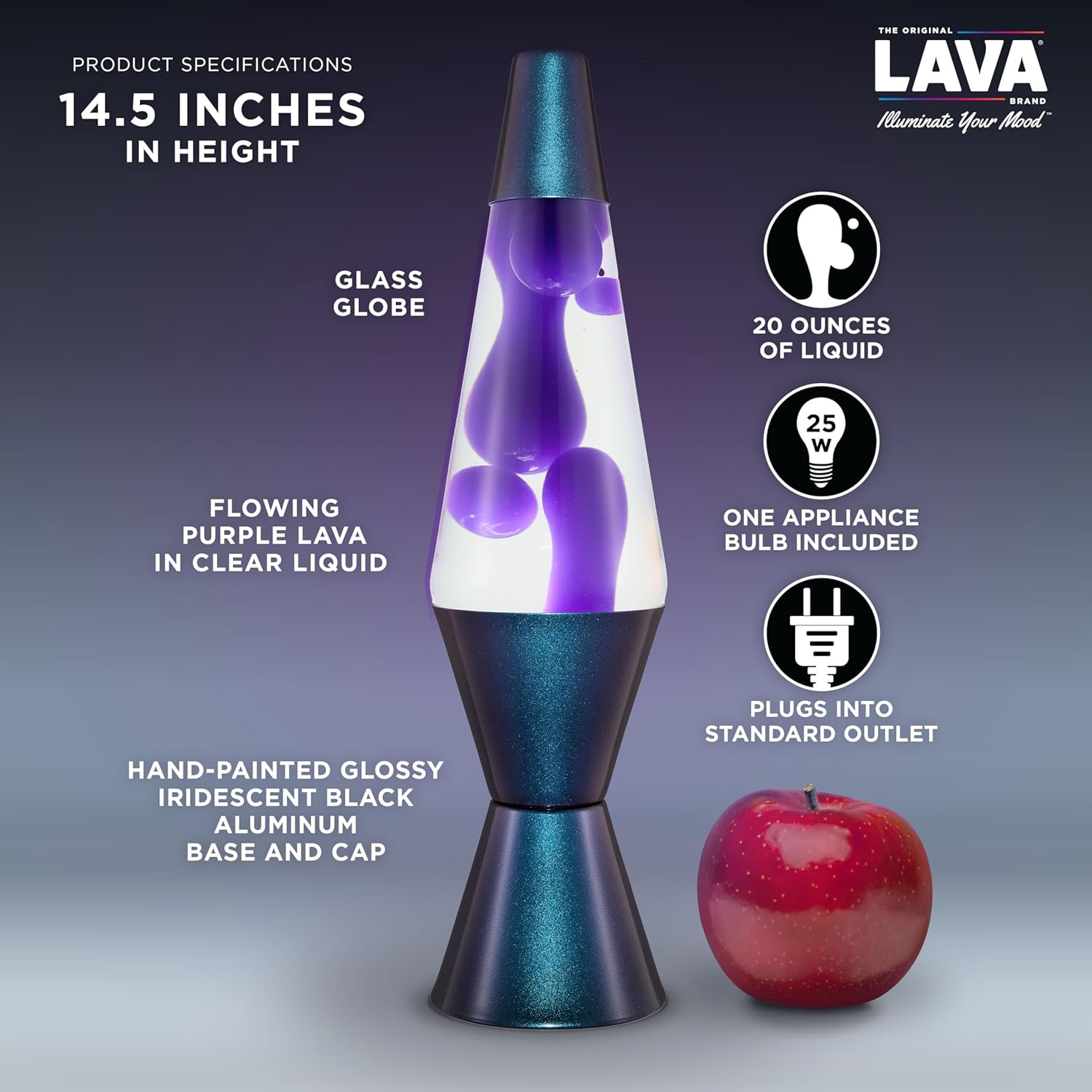 Lava The Original Lamp - 14.5 Black Iris – Classic Liquid Motion Lamp - Purple Wax and Clear Liquid - Item #2425 (Amazon Exclusive)